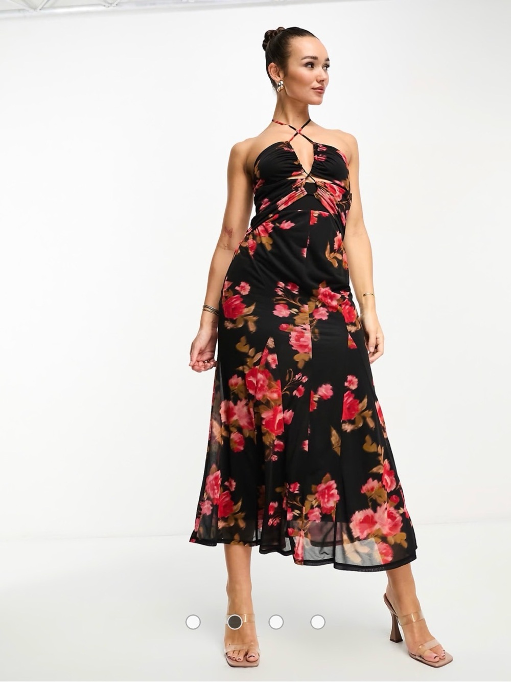 ASOS Black Midi Dress with Pink & Brown Floral Print